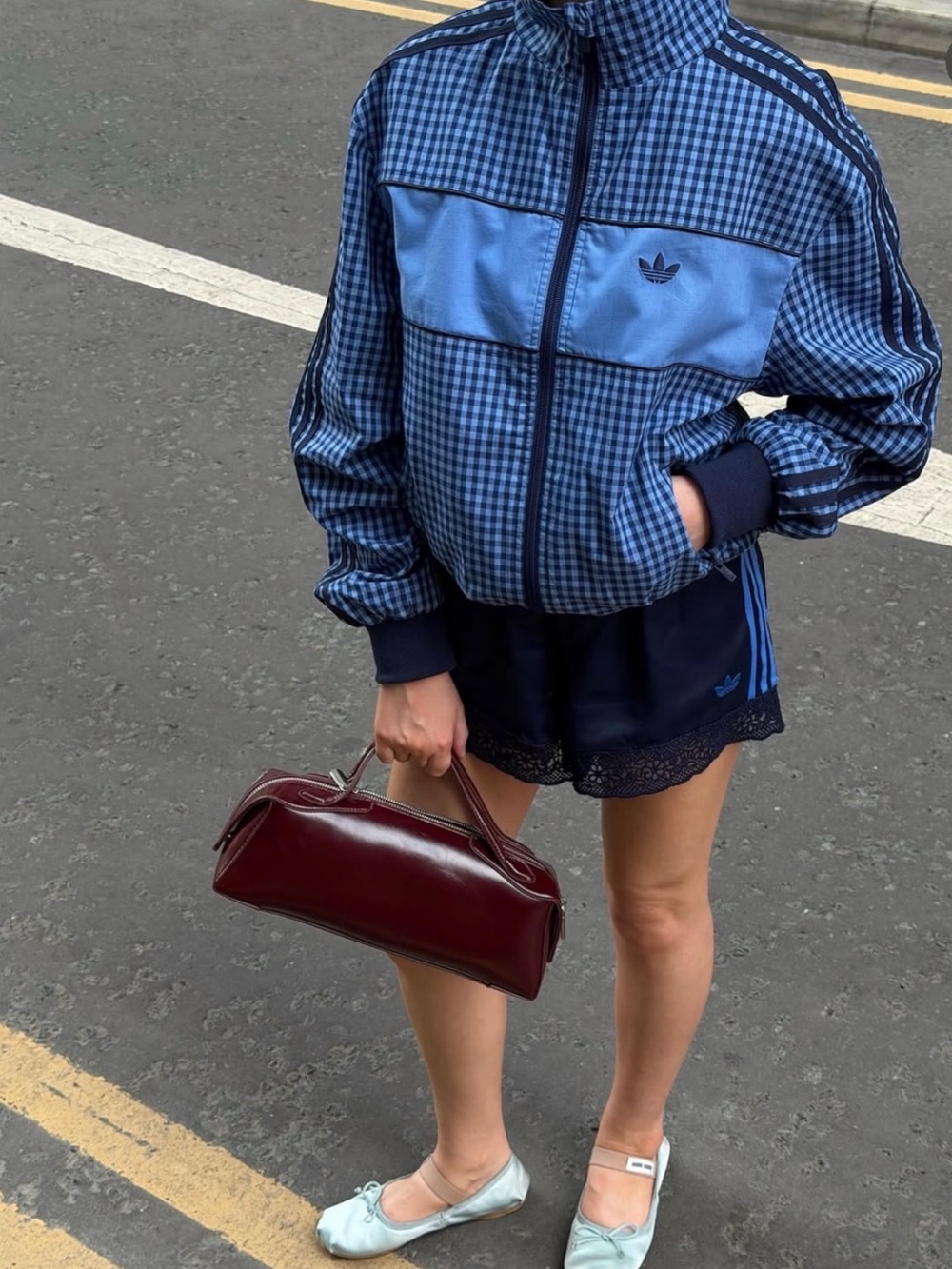adidas Blue Gingham Track Bomber Jacket